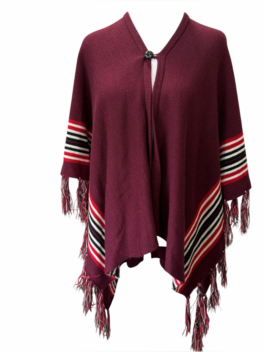 Curations Caravan Womens Burgundy Knit Poncho Cape Fringe Boho Westerrn One Size
